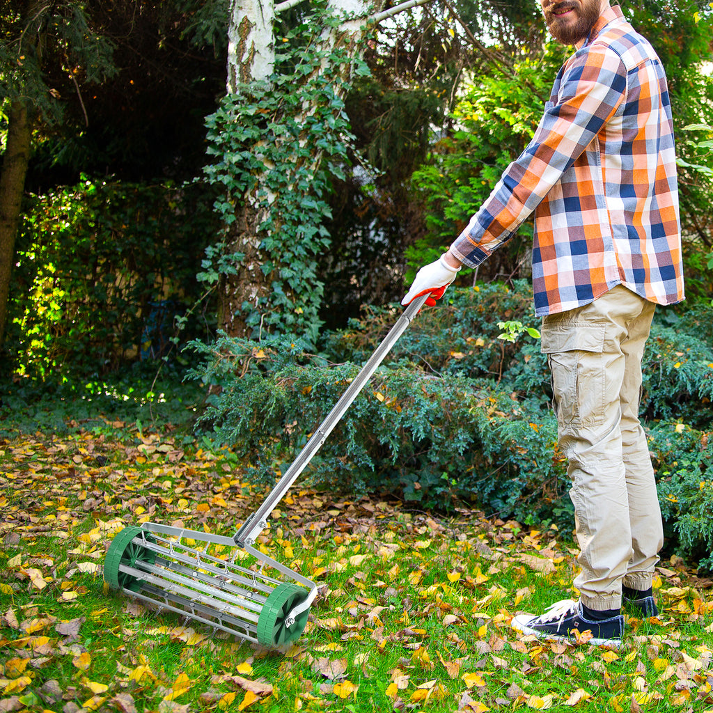 Garden Rolling Lawn Aerator Heavy Duty Steel Grass Roller W/ Adjustable Handle