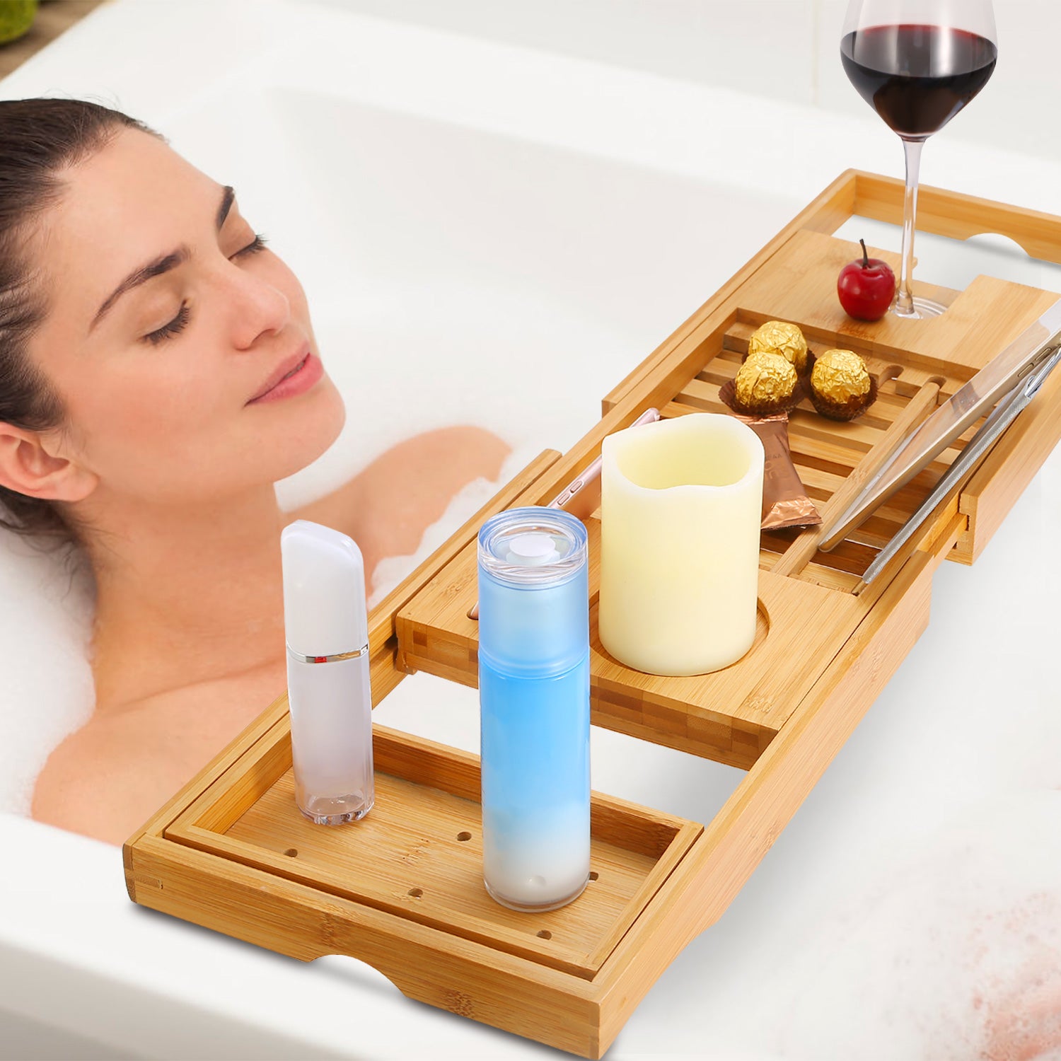 Bamboo Bathtub Caddy Tray with Wine Holder